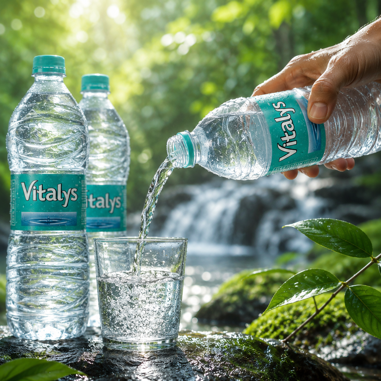 Vitalys mineral water being poured into a glass beside a natural forest waterfall