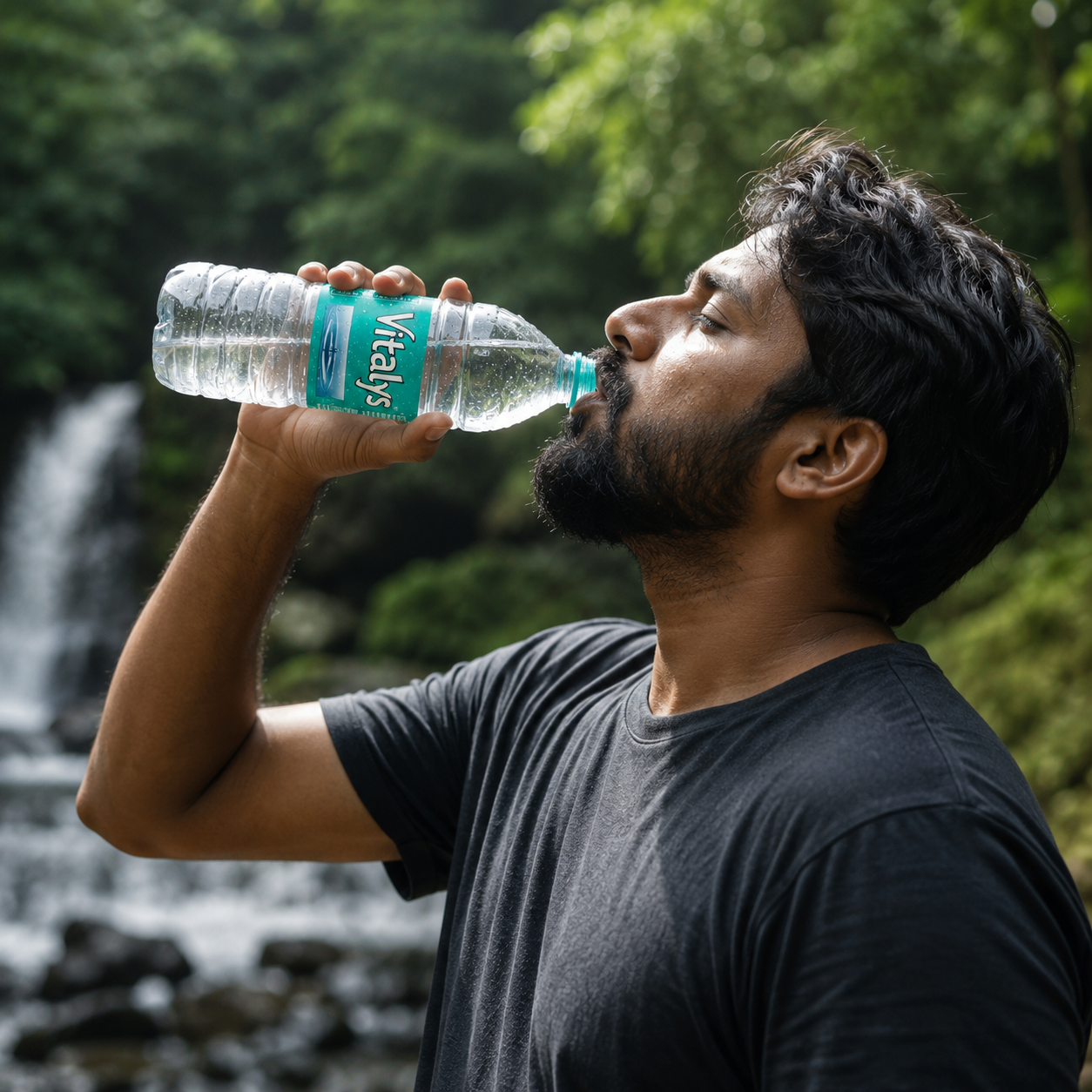 A man drinking Vitalys mineral water beside a forest waterfall after a hike