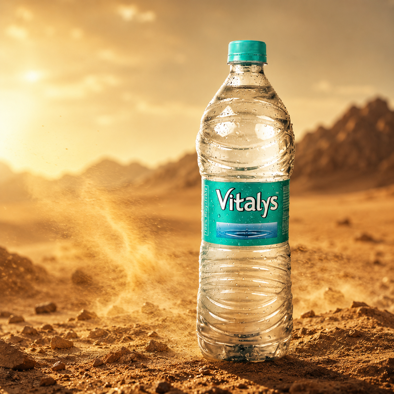 Vitalys bottle standing in a sun-lit desert landscape